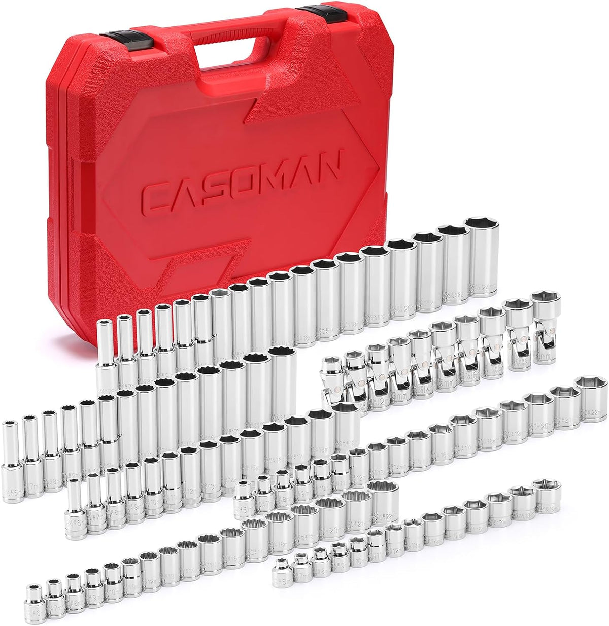CASOMAN 104 PCS 3/8' Drive Master Impact Socket and Flex Socket Set, Include Deep, Mid-Length, Shallow & Stubby Socket, 6-Point & 12-Point, Metric, CR-V