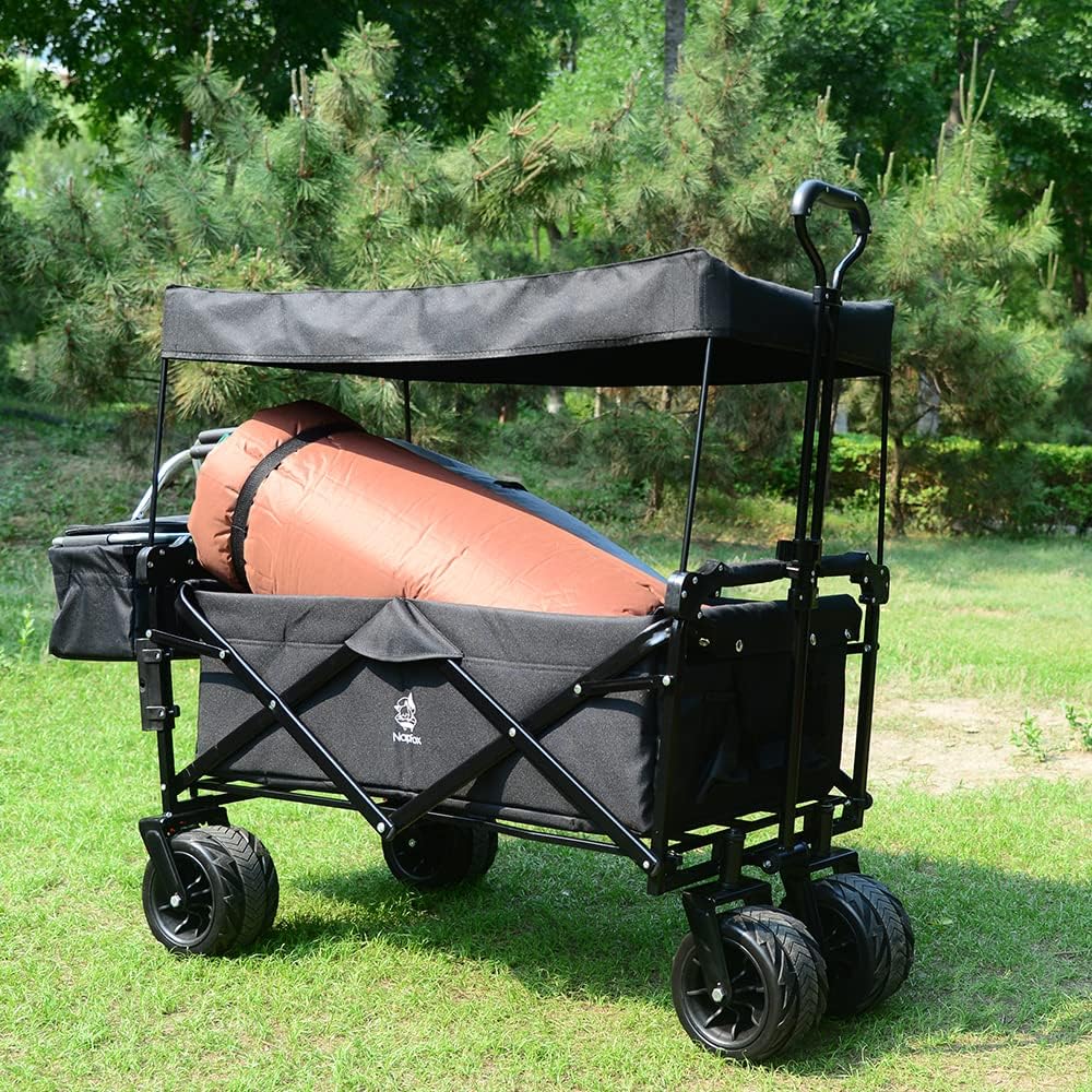 Collapsible Wagon Heavy Duty Folding Wagon Cart with Removable Canopy, 4' Wide Large All Terrain Wheels, Brake, Adjustable Handles,Cooler Bag Utility Carts for Outdoor Garden Beach