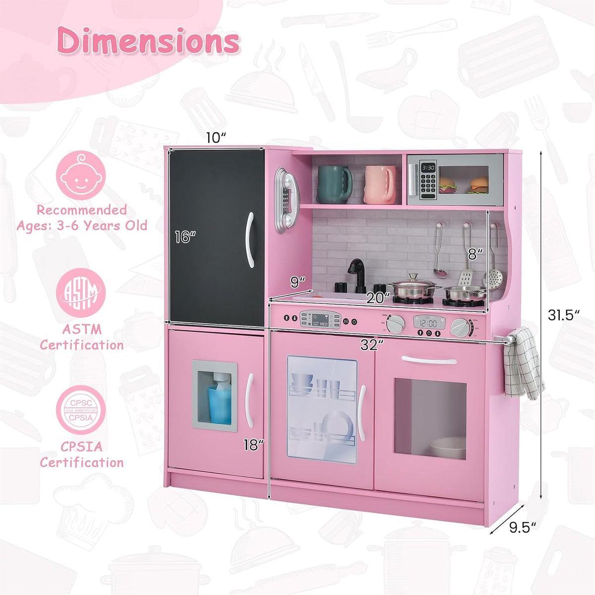 MAT EXPERT Kids Kitchen Playset, Wooden Chef Pretend Toy Kitchen w/Chalkboard, Ice Maker, Cookware Accessories, Telephone, Oven, Microwave, Play Kitchen for Toddlers, Gift for Boys Girls 3+ (Pink)
