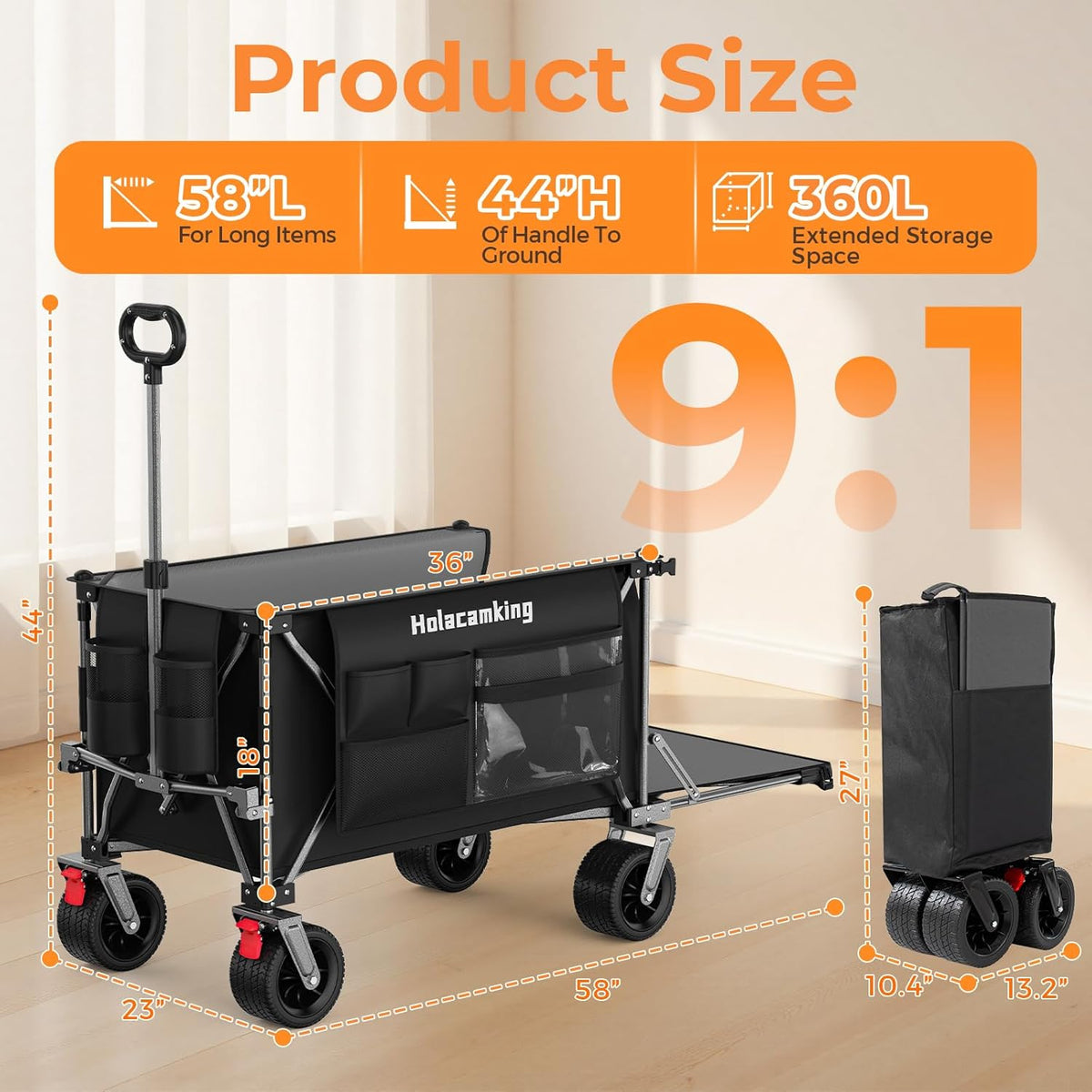 58'L Extender Collapsible Wagon, Extra Long Foldable Wagon Cart with Extended Tailgate, Heavy Duty Rolling Utility Cart with All-Terrain Big Wheels for Shopping Sports Beach, Black