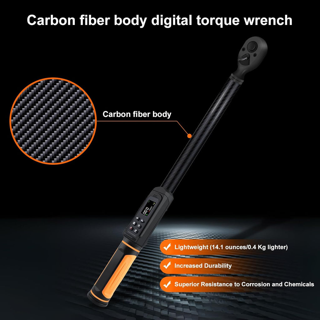 Digital Torque Wrench 1/2 Drive with Carbon Fiber Body, 2.2-147.5 Ft.lb Range, ±1% Accuracy with Vibration, Buzzer and LED Alert, Suitable for Car, Motorcycle and Bicycle