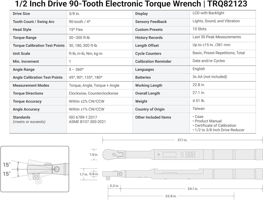 TEKTON 1/2 Inch Drive 90-Tooth Flex Head Dual-Direction Electronic Torque Wrench (30-300 ft-lb) | TRQ82123