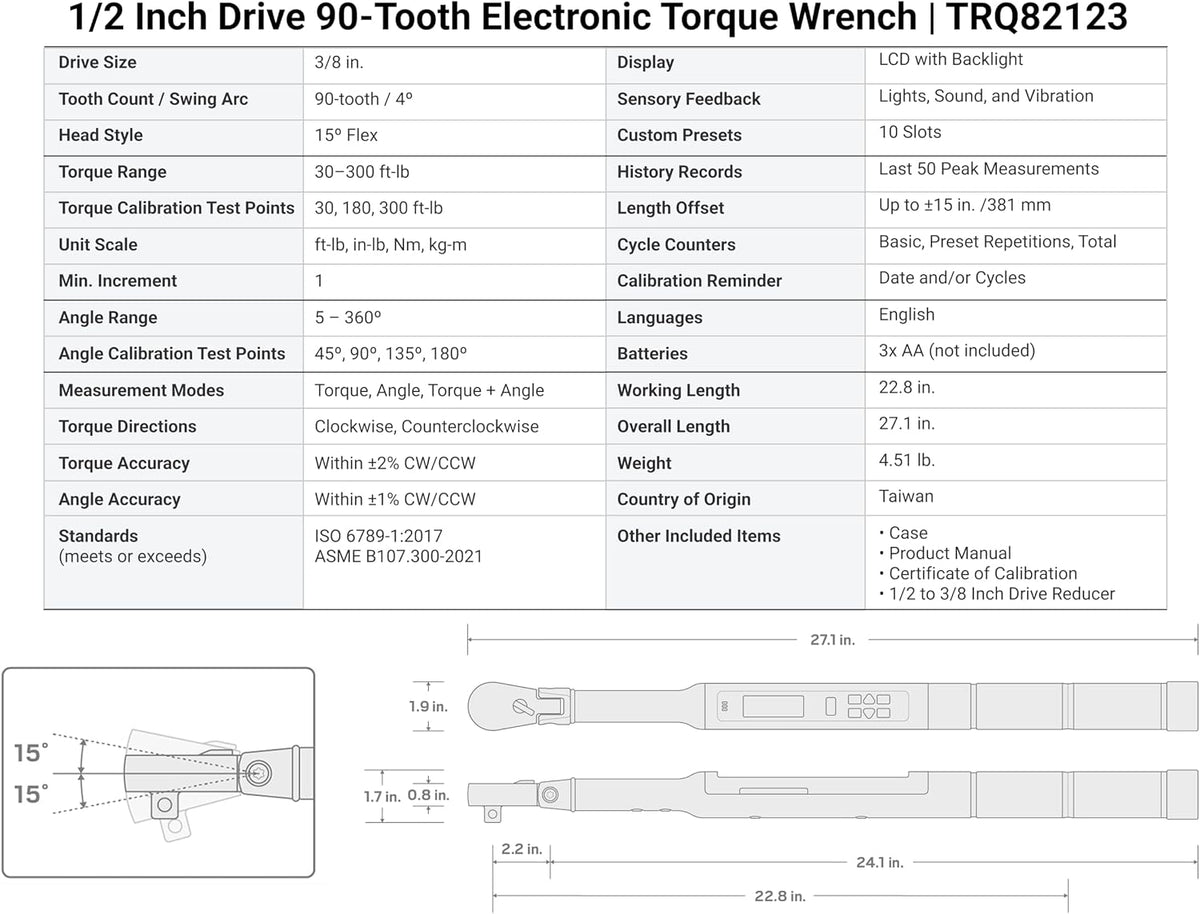 TEKTON 1/2 Inch Drive 90-Tooth Flex Head Dual-Direction Electronic Torque Wrench (30-300 ft-lb) | TRQ82123