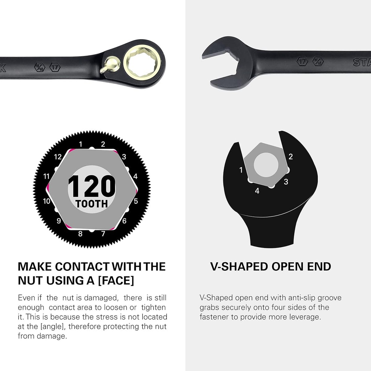 STARWORK TRUE MECHANIC™ 12-Piece 2-in-1 Reversible Ratcheting Wrench Set with Rolling Pouch, 120-Tooth, SAE&Metric
