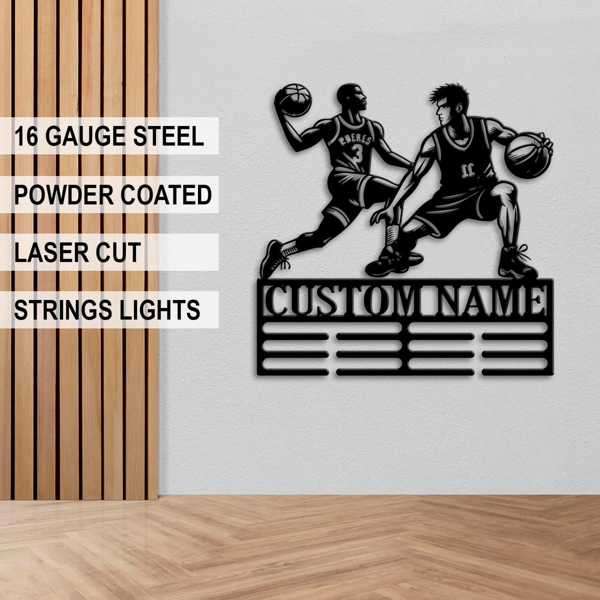 Custom Basketball Medal Holder LED Light, Basketball Player Name Medal Hanger Display, Rack For Tiered Award Ribbon, Metal Sign Gift For Athlete