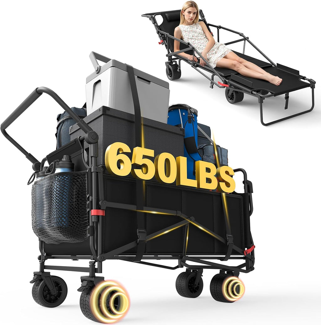 LEVELEVE Heavy Duty Folding Wagon - 2-in-1 Collapsible Cart, 650lb Capacity, All-Terrain Wheels w/Brakes & Side Pockets (Black)