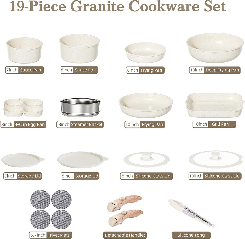 Pots and Pans Set Non Stick - Kitchen Cookware Set Detachable Handle Pot and Pan Sets for Cooking, RV Stackable Cookware Sets Removable Handle Cooking Set, Oven Safe, Induction Ready