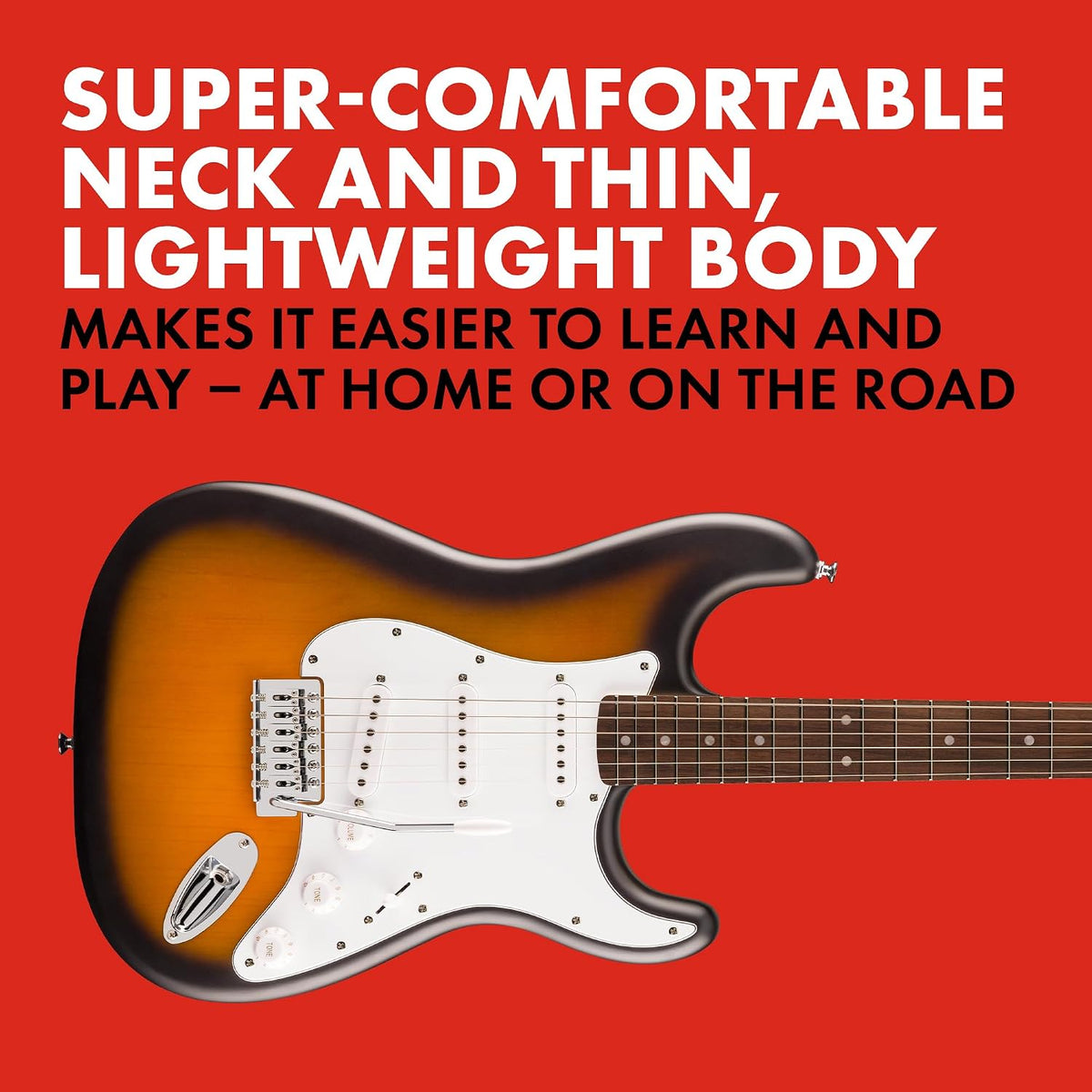 Fender Squier Debut Series Stratocaster Electric Guitar Bundle with Fender FT-1 Clip On Tuner, 2-Color Sunburst Guitar with Matte Finish