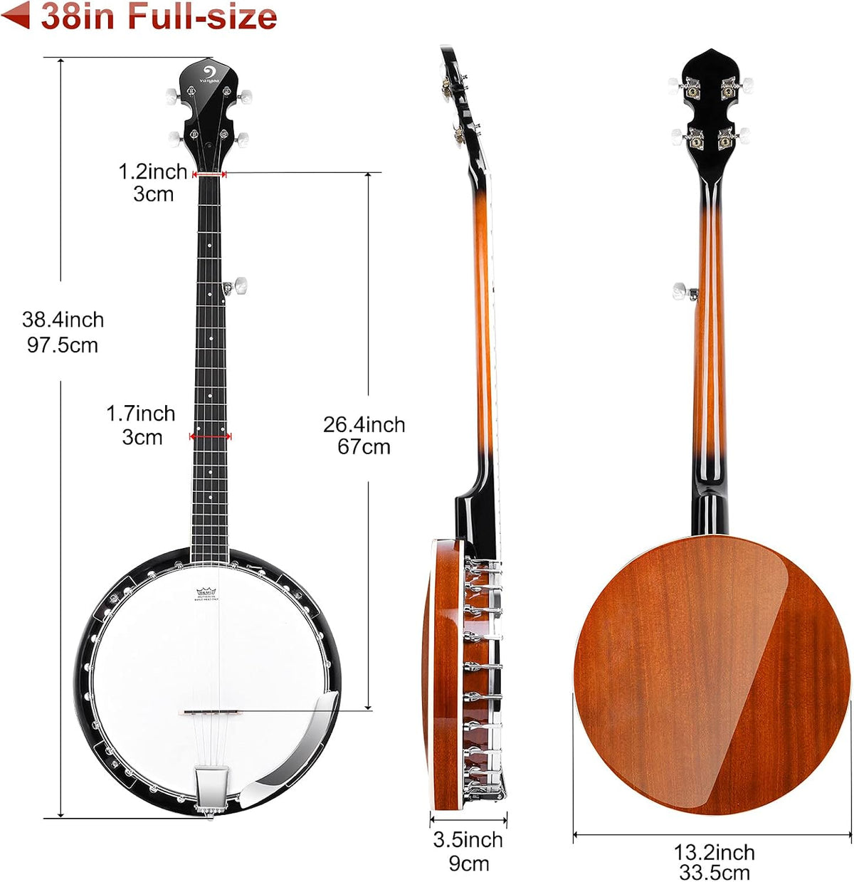 Vangoa LEFT-HANDED Banjo 5 String Mahogany Open Back Banjo with Resonator, Remo Drum Head, Geared 5th String Beginner Kit with Manual, Full Size