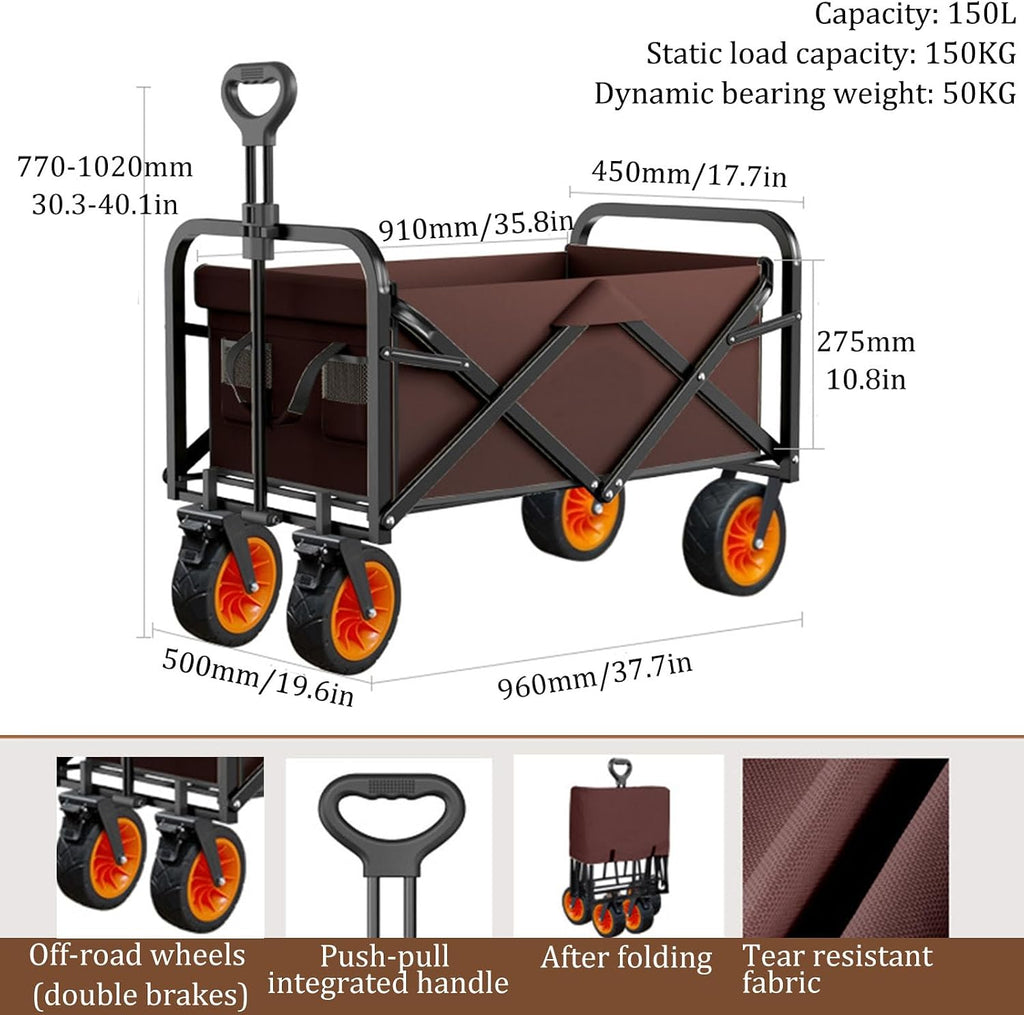 Brown Garden Carts,Collapsible Wagon,Sports Outdoor Utility Wagon Garden Wagon Sports Heavy Duty Steel Frame Foldable Yard Car Load-Bearing 150Kg Camping Cart with Brake