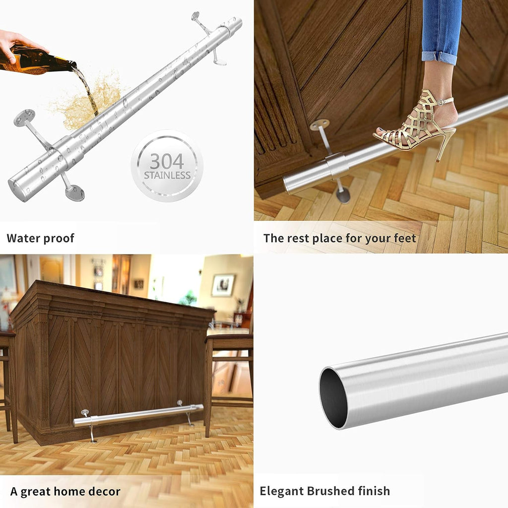 Muzata 8ft Bar Foot Rail Kit Undercounter Mount Hardware and Tubing Complete Kit 2'' OD Stainless Steel Brushed Finish for Indoor and Outdoor HF20 SL4