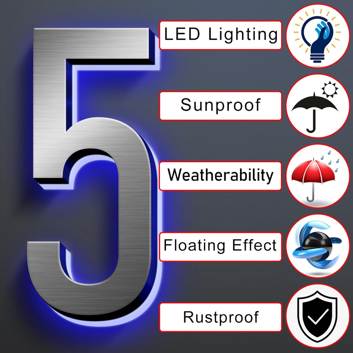 Backlit Illuminated LED Address Numbers, House Number Signs Lighted Plaque, Stainless Steel Lighted House Number For Outdoor.,20,5