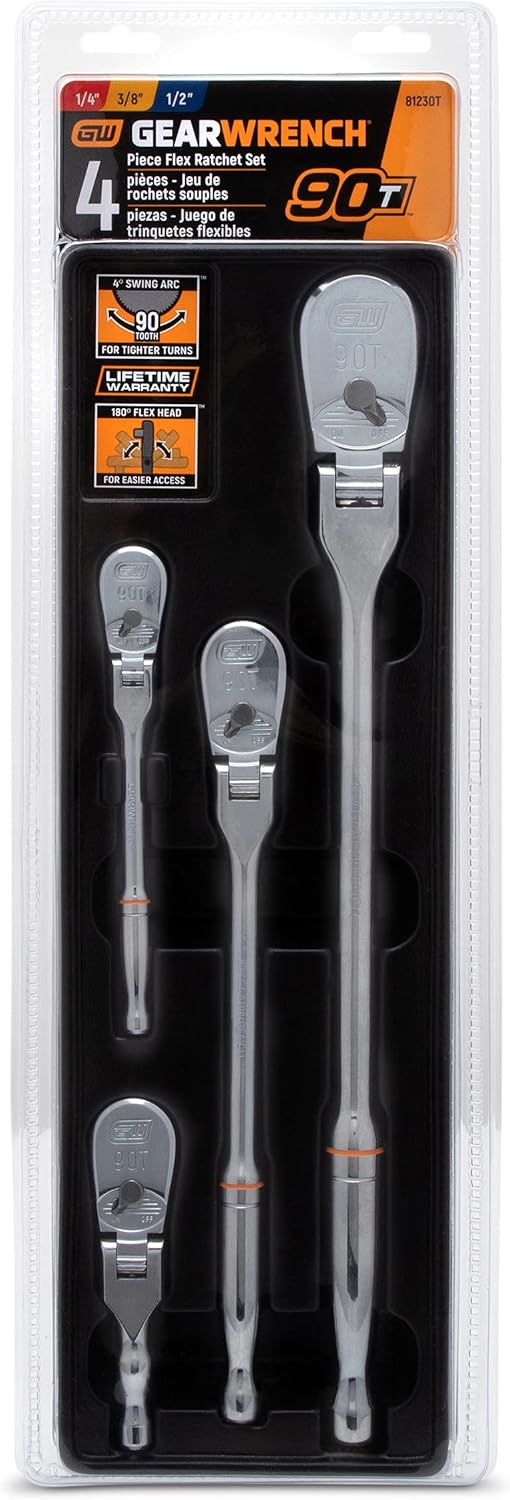 GEARWRENCH 4 Piece 1/4', 3/8' & 1/2' Drive 90 Tooth Full Polish Flex-Head RATCHET Set - 81230T, Multicolored