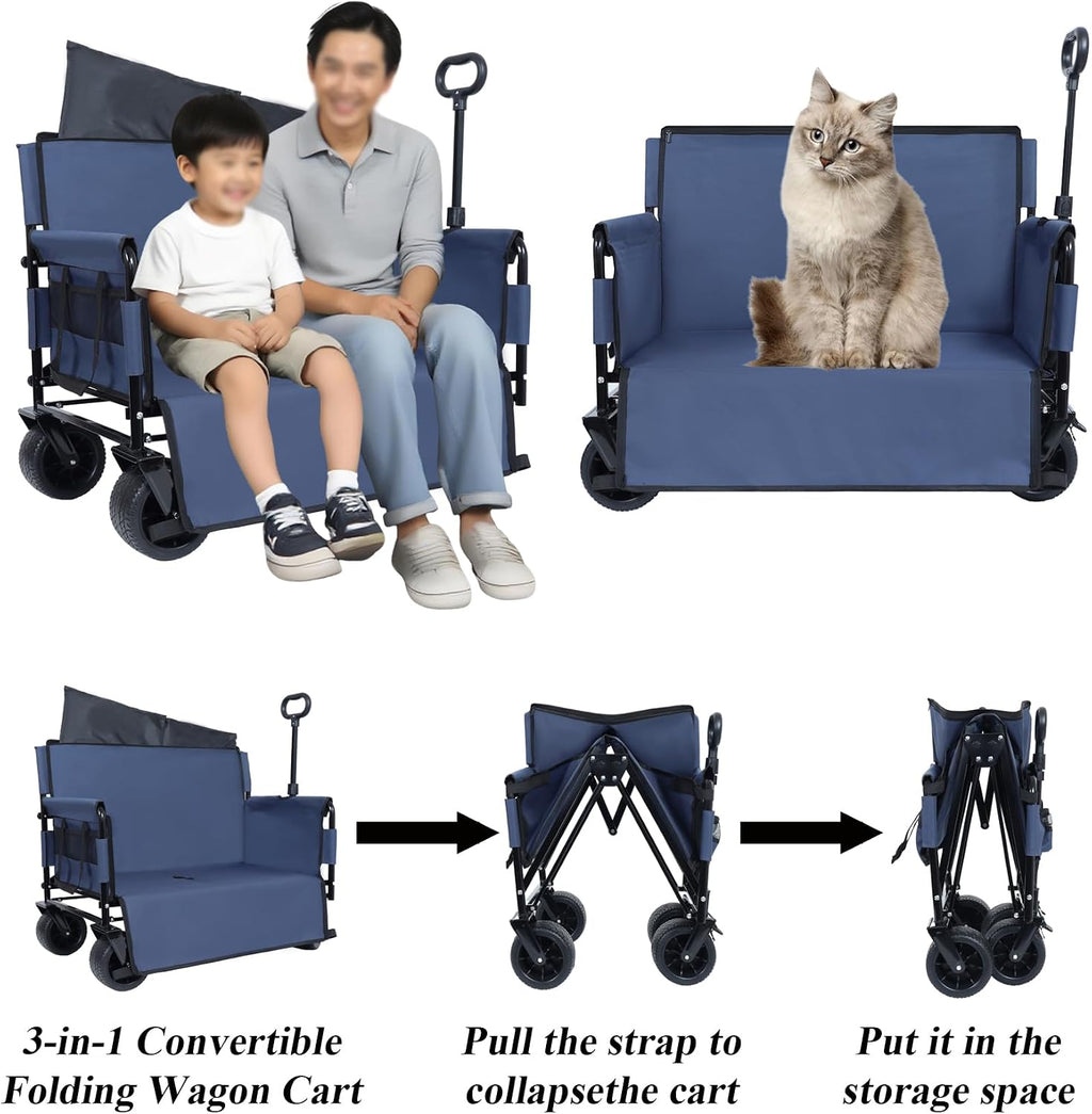 3-in-1 Convertible Folding Wagon Cart with Bench Seat & Storage - 500lbs Heavy-Duty Utility Wagon, 180L Capacity All-Terrain Wheels for Camping, Beach, Sports, Garden (Blue)