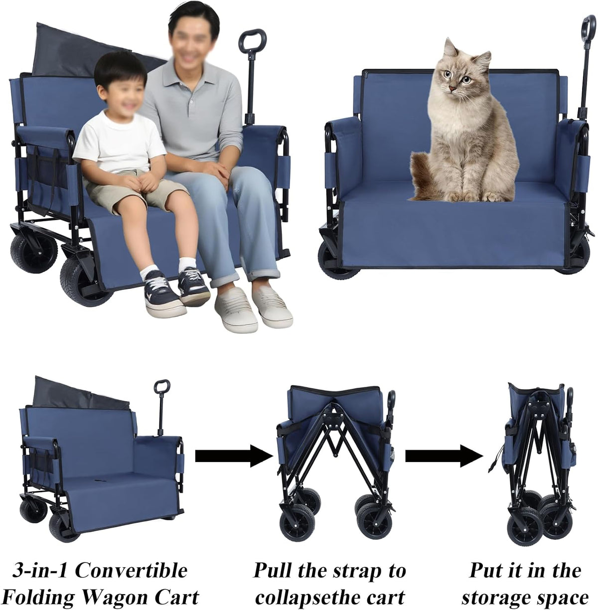 3-in-1 Convertible Folding Wagon Cart with Bench Seat & Storage - 500lbs Heavy-Duty Utility Wagon, 180L Capacity All-Terrain Wheels for Camping, Beach, Sports, Garden (Blue)