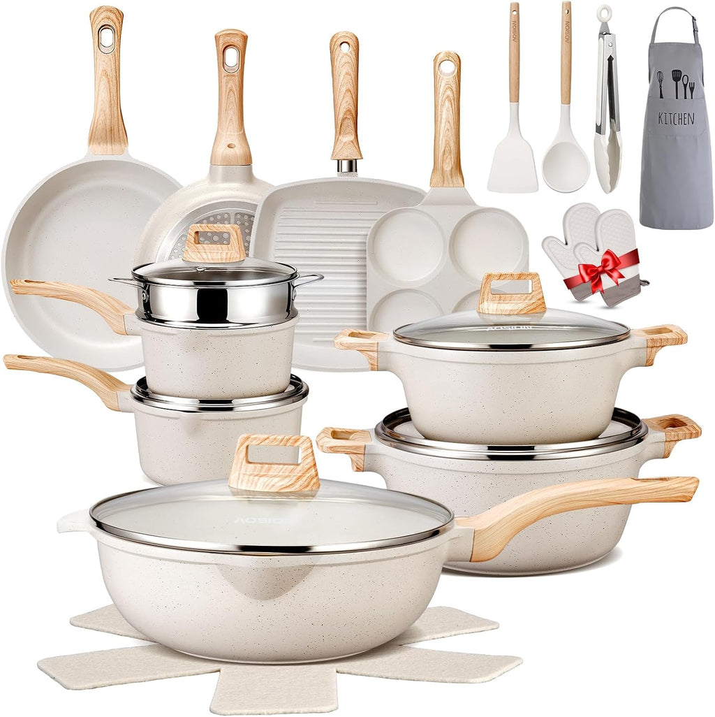AOSION 27PCS Pots and Pans Set, Nonstick Ceramic Cookware Set, Healthy Kitchen Cooking Set with Gloves, Apron, Silicone Tools & Pot Protectors, Oven & Dishwasher Safe, PFOA/PFOS Free，Ivory
