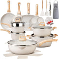 AOSION 27PCS Pots and Pans Set, Nonstick Ceramic Cookware Set, Healthy Kitchen Cooking Set with Gloves, Apron, Silicone Tools & Pot Protectors, Oven & Dishwasher Safe, PFOA/PFOS Free，Ivory