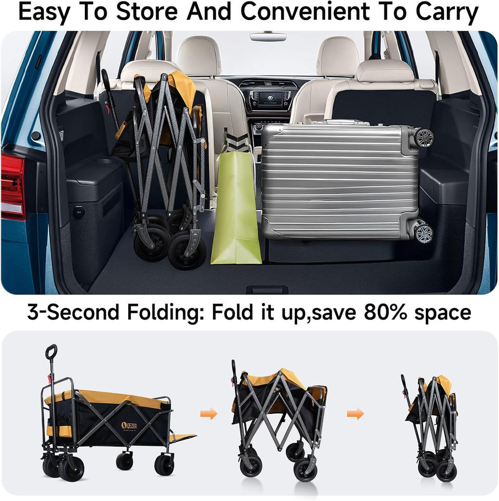 56' Large Collapsible Folding Wagon with Tailgate and Brake, 600LBS Heavy Duty Utility Cart, 250L Large All-Terrain Beach Wagon for Camping Garden Shopping Grocery Sports (Yellow, 250L)