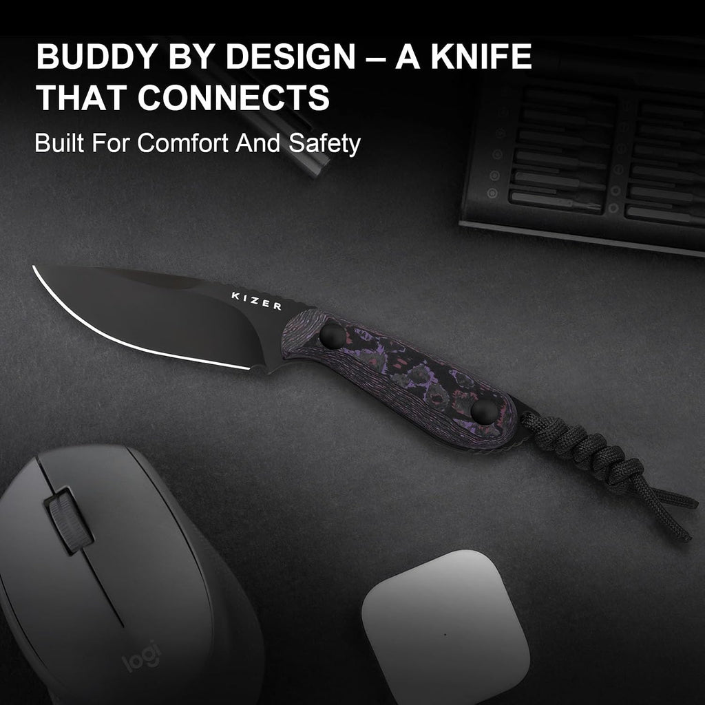 Kizer Buddy Fixed Blade Knife, 3' 4V Blade Camping Knife with Purple Fat Carbon Purple Haze Handle, Compact EDC Fixed Blade Knives with Sheath for Hiking Hunting Survival 1081A10