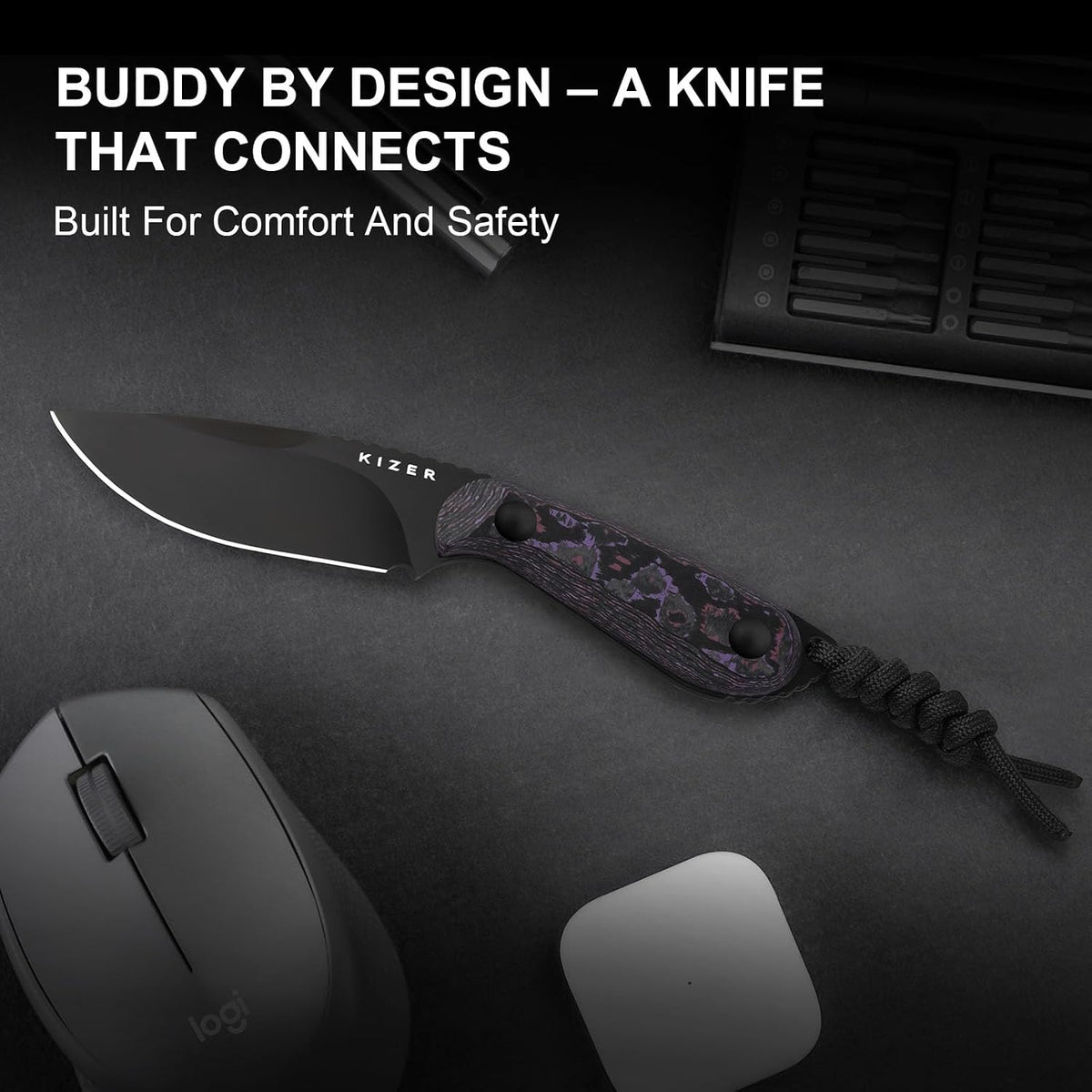 Kizer Buddy Fixed Blade Knife, 3' 4V Blade Camping Knife with Purple Fat Carbon Purple Haze Handle, Compact EDC Fixed Blade Knives with Sheath for Hiking Hunting Survival 1081A10