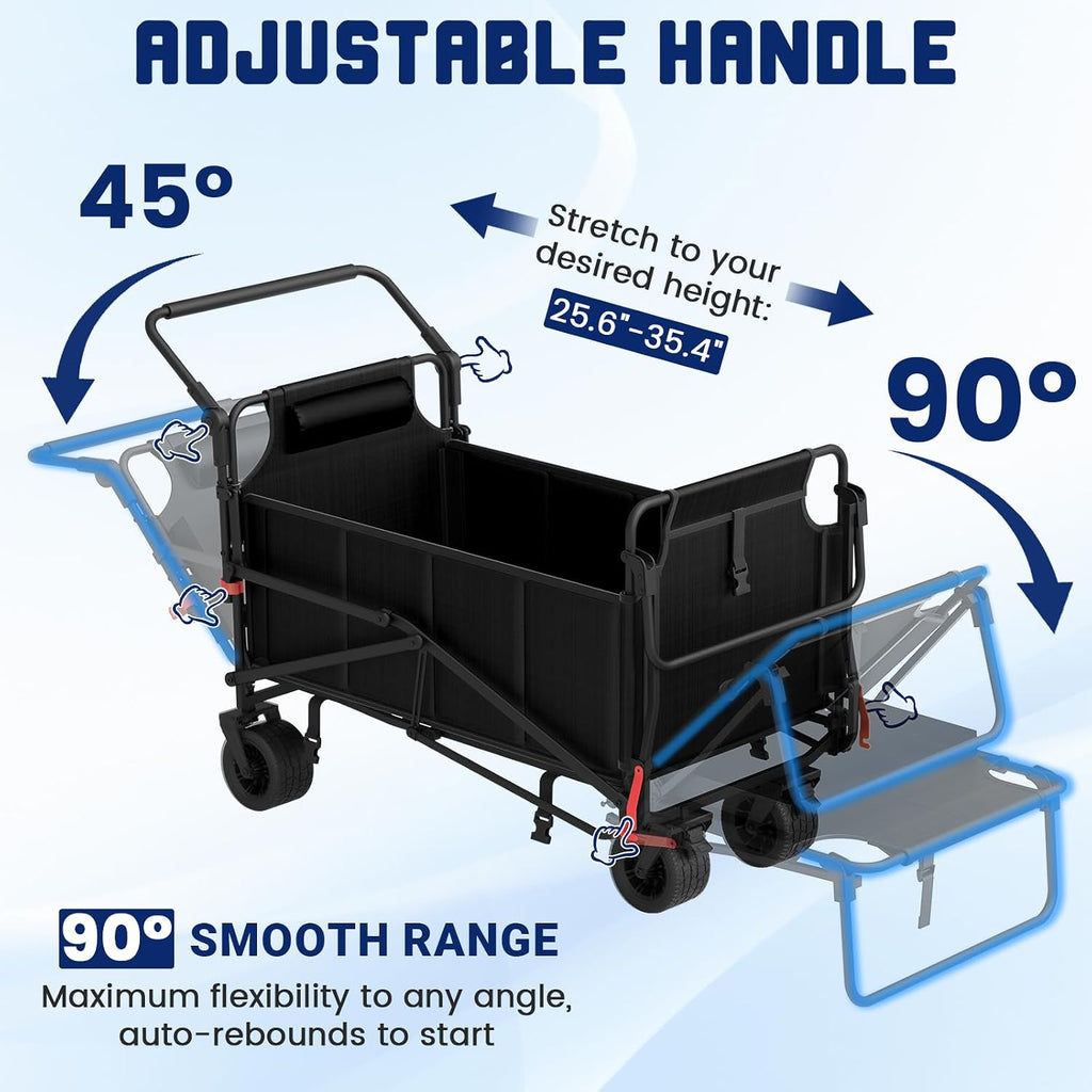 LEVELEVE Heavy Duty Folding Wagon - 2-in-1 Collapsible Cart, 650lb Capacity, All-Terrain Wheels w/Brakes & Side Pockets (Black)