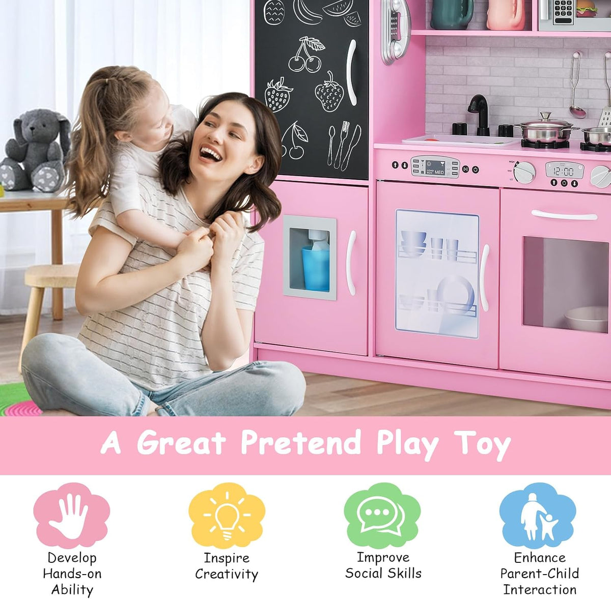 MAT EXPERT Kids Kitchen Playset, Wooden Chef Pretend Toy Kitchen w/Chalkboard, Ice Maker, Cookware Accessories, Telephone, Oven, Microwave, Play Kitchen for Toddlers, Gift for Boys Girls 3+ (Pink)