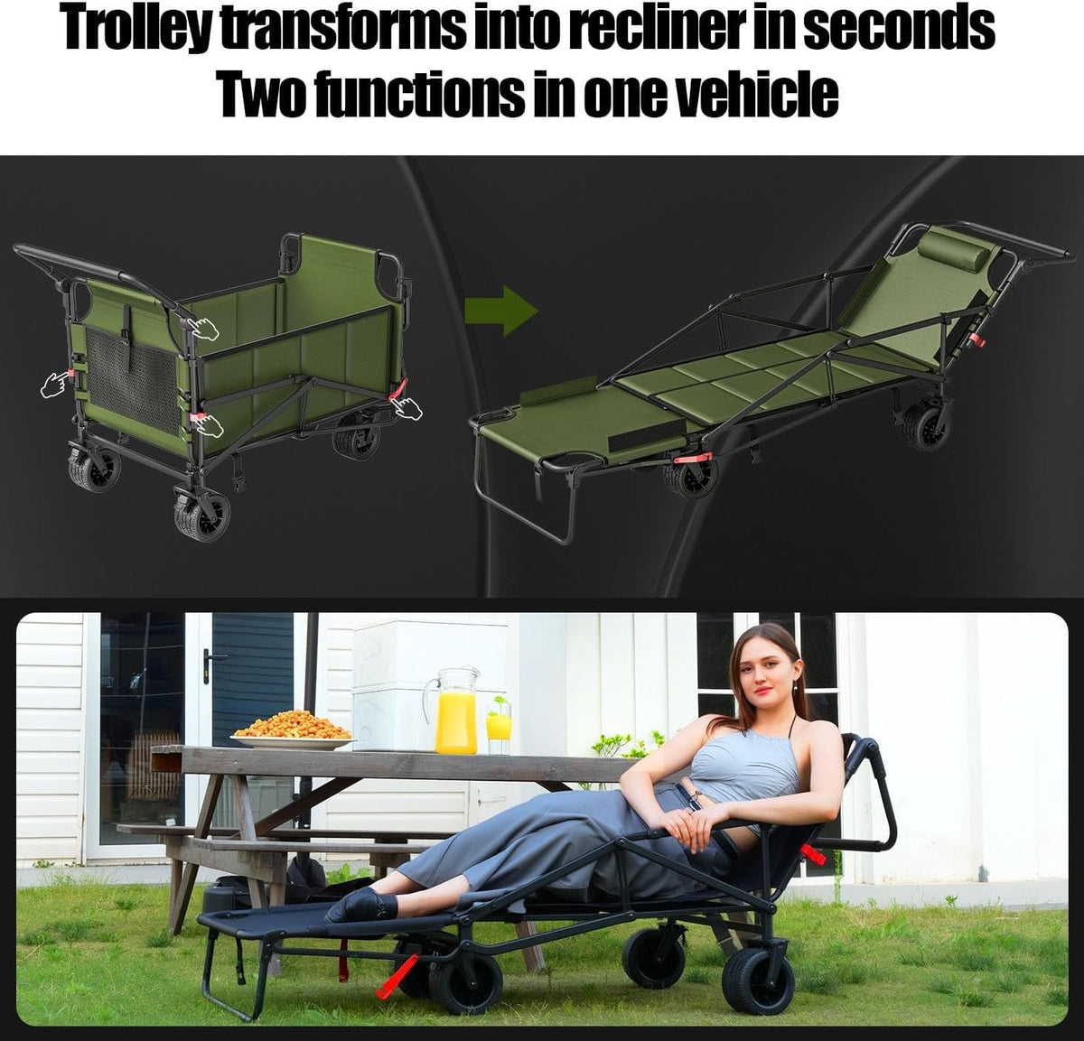 Collapsible Folding Outdoor Utility Wagon, 2-in-1 Collapsible Cart, Reclining Camper,Expandable Storage, for Camping, Outdoors, Shopping(Military Green)