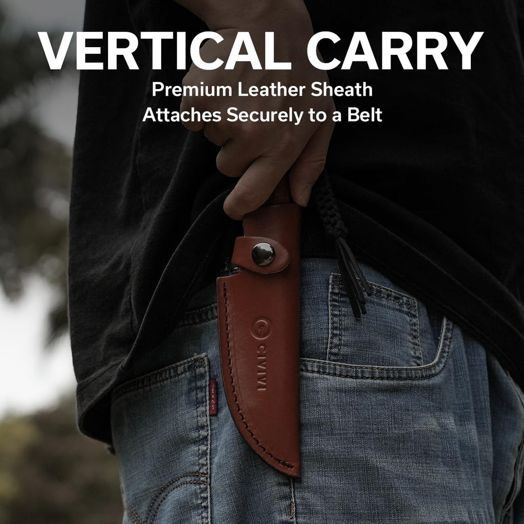 CIVIVI EDC Fixed Blade Knife with Leather Sheath, 4.6' Nitro-V Blade Wood Handle, Full Tang Cloud Peak Knife with Lanyard and Nickel Silver Guard C23044-3 (Wood)
