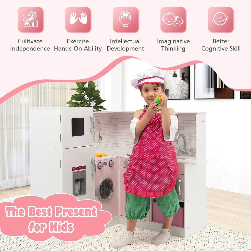 HONEY JOY Pink Corner Kids Kitchen Playset, Wooden Play Kitchen for Toddlers, Washing Machine, Range Hood, Water Dispenser, Cookware, Apron, Little Chef Pretend Toy Kitchen Set w/Lights & Sounds