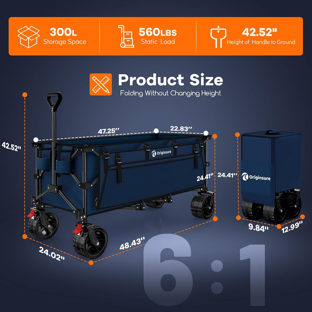 Originsure 48' L Collapsible Wagon Cart Foldable, 560lbs Weight Capacity 300L Heavy Duty Folding Beach Wagons with Big All-Terrain Wheels, Utility Carts for Groceries, Camping, Sports - Blue