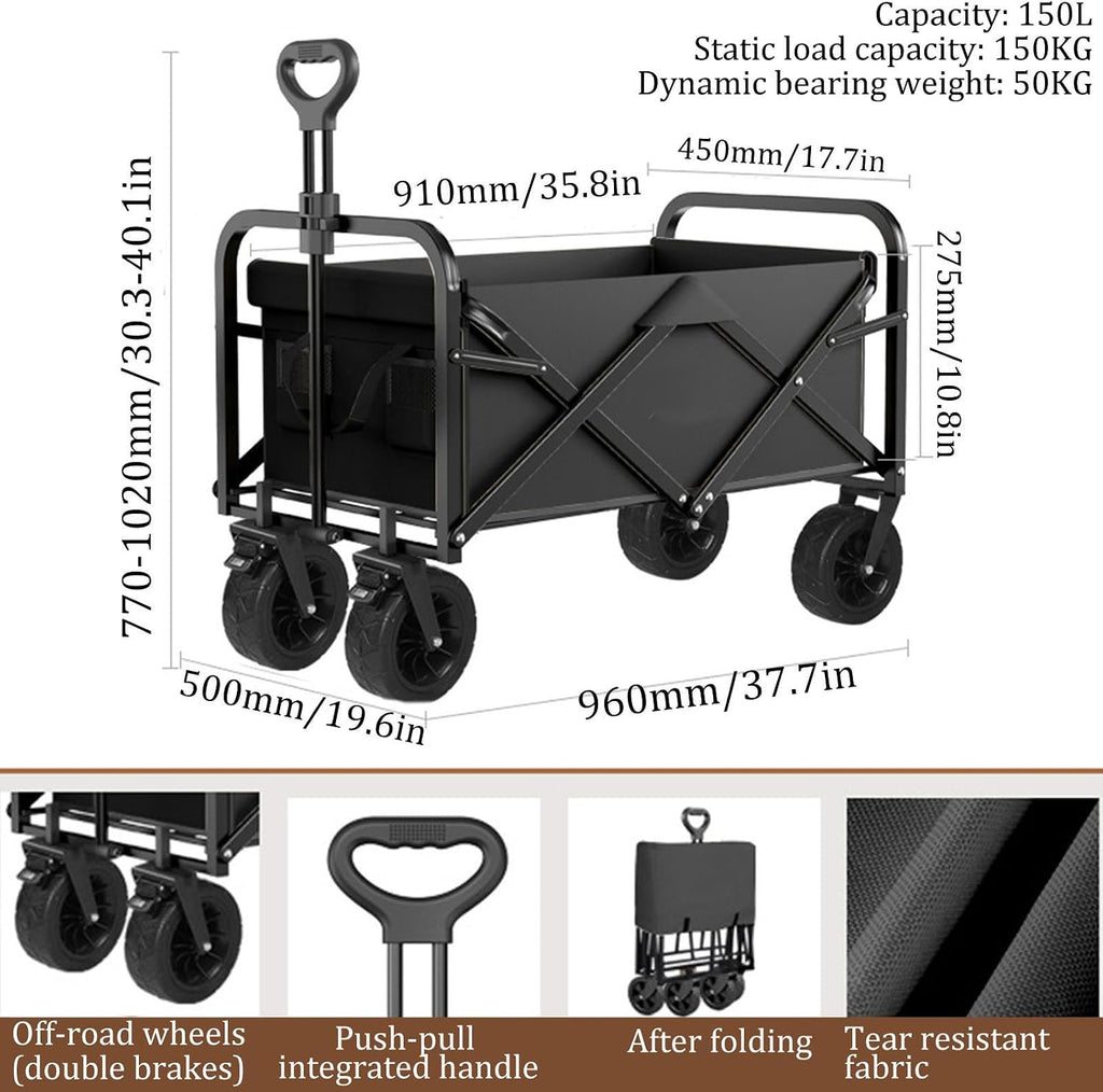 Bgarden Carts,Collapsible Wagon,Sports Outdoor Utility Wagon Folding Garden Wagon Sports Heavy Duty Steel Frame Foldable Yard Car Camping Cart Double Brake with Folding Panels,Black
