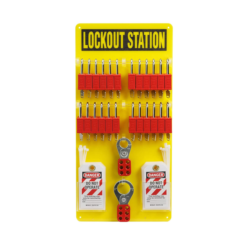BRADY Lockout Tagout Station with Loto Devices Tag Out Kit Board Includes 24 Keyed Different Safety Lock Set, 4 Hasps for Padlocks. 30 Do Not Operate Tags for Lockout Safety Supply - 153687, Yellow