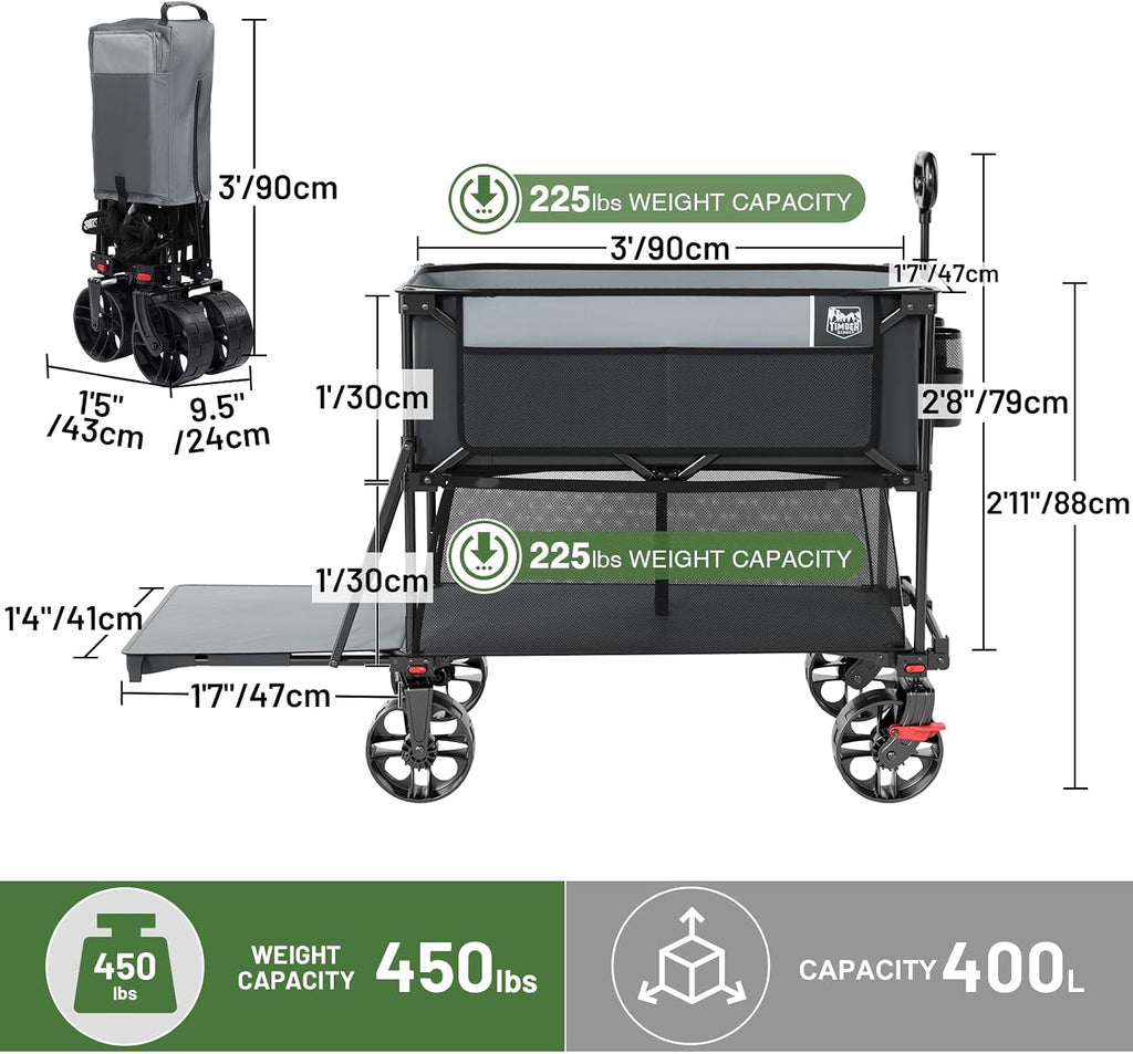 TIMBER RIDGE 400L Large Capacity Folding Double Decker Wagon with Brakes, 54' Extra Long Extender Wagon Cart, 450lbs Heavy Duty Collapsible Cart, All-Terrain Big Wheels for Camping, Sports, Shopping