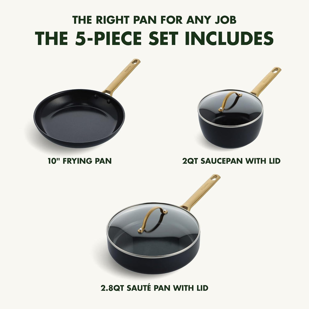 GreenPan Hard Anodized Healthy Ceramic Nonstick 5 Piece Cookware Pots and Pans Set, Gold Handle, PFAS-Free, Dishwasher Safe, Oven Safe, Black