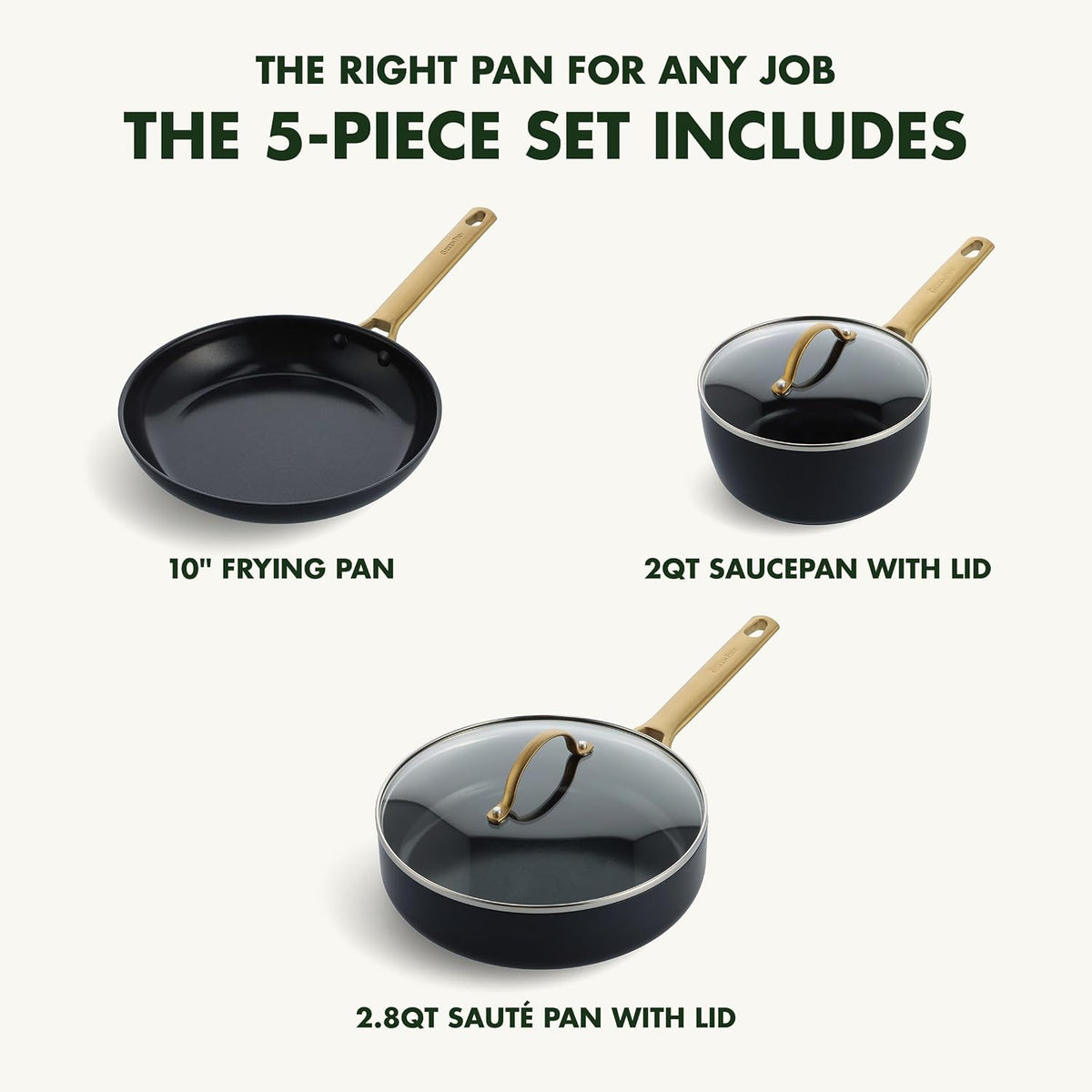 GreenPan Hard Anodized Healthy Ceramic Nonstick 5 Piece Cookware Pots and Pans Set, Gold Handle, PFAS-Free, Dishwasher Safe, Oven Safe, Black