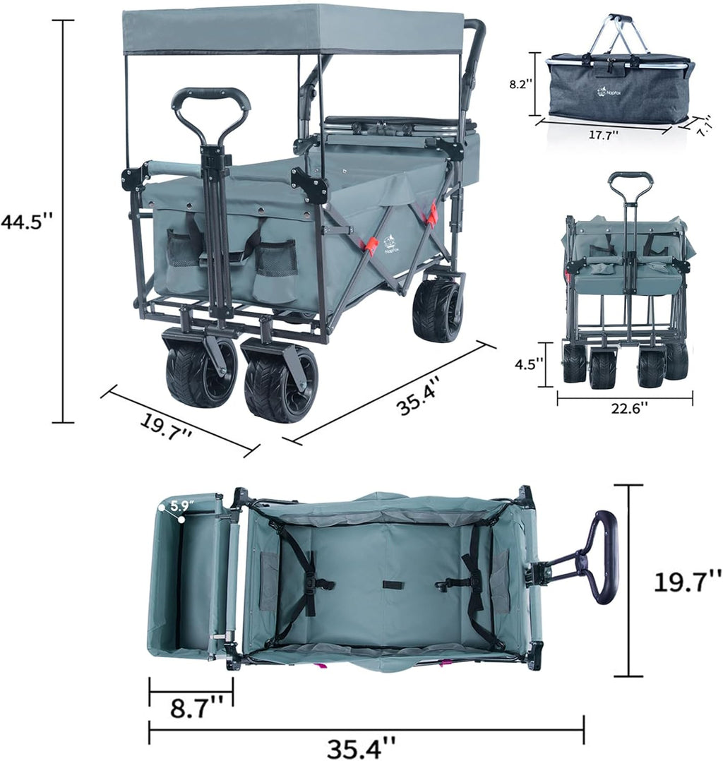 Collapsible Wagon Cart with Removable Canopy, Heavy Duty Foldable Wagon with 4' Large All Terrain Wheels, Brake, Cooler Bag, Adjustable Handles for Garden Beach Sports (Gray)