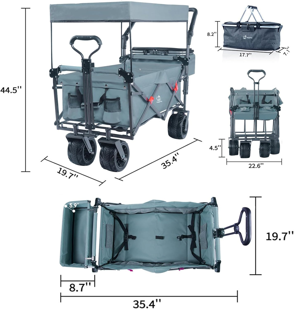 Collapsible Wagon Cart with Removable Canopy, Heavy Duty Foldable Wagon with 4' Large All Terrain Wheels, Brake, Cooler Bag, Adjustable Handles for Garden Beach Sports (Gray)