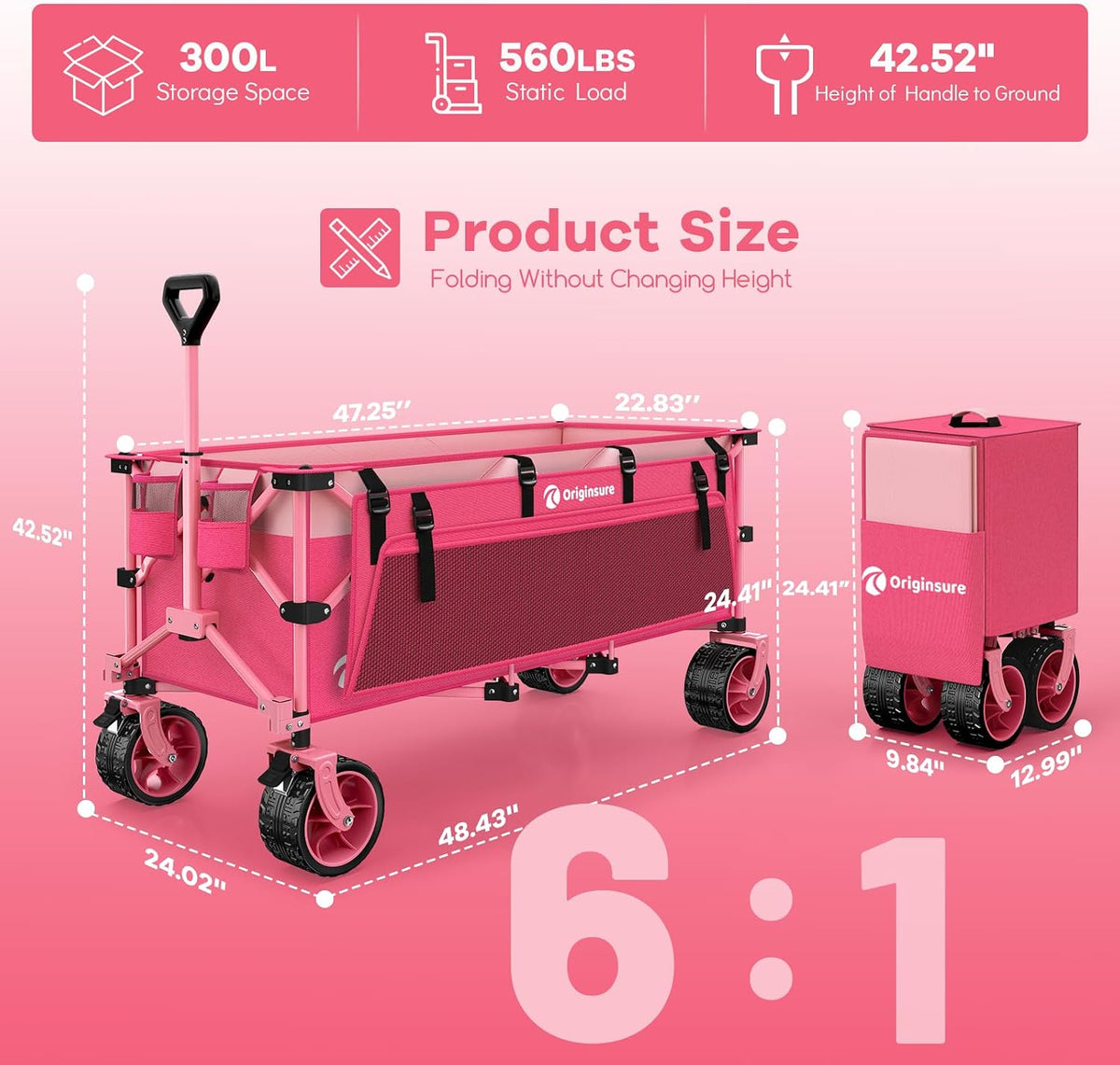Originsure 48' L Collapsible Wagon Cart Foldable, 560lbs Weight Capacity 300L Heavy Duty Folding Beach Wagons with Big All-Terrain Wheels, Utility Carts for Groceries, Camping, Sports - Pink