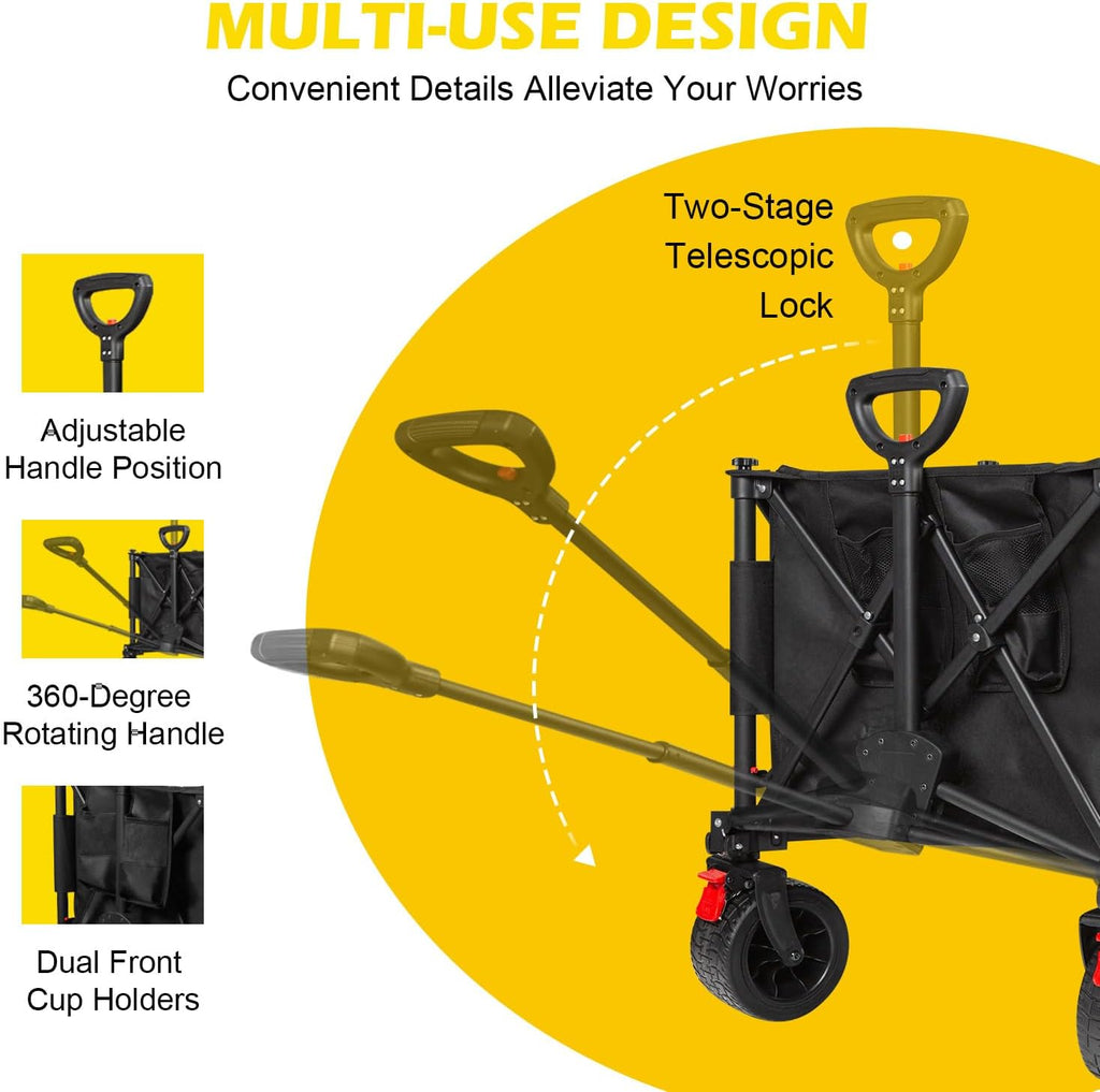 Collapsible Foldable Wagon Cart with 440lbs Weight Capacity, Heavy Duty 260L Large Capacity Garden Cart with Big All-Terrain Solid Wheels, Foldable Wagon for Sports Beach Grocery Camping