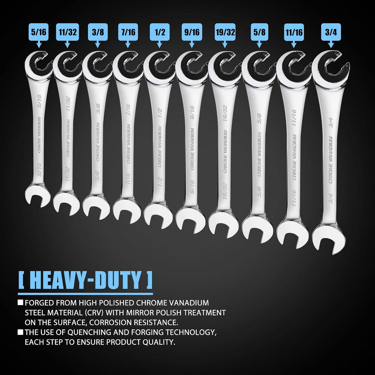 LOSCHEN 10 pcs SAE Ratcheting Wrench Combination Wrench Set 10 Pcs/Set with 72 Teeth, Chrome Vanadium Steel Tubing Ratchet Spanner（US and European Patents）