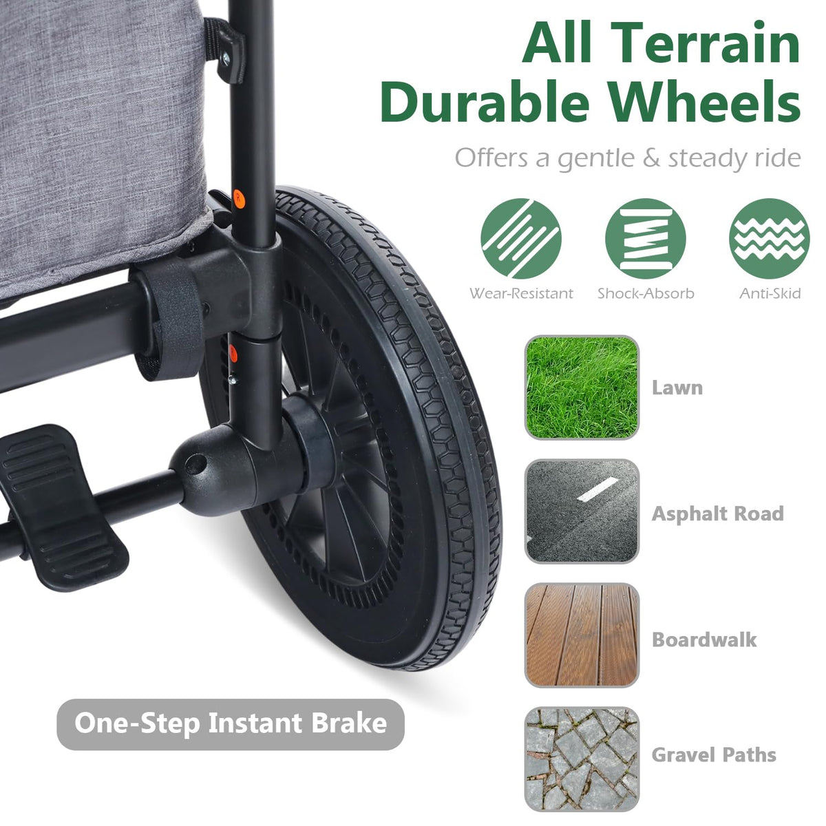 Kinder King Folding Wagon Stroller for 2 Kids, All-Terrain 2 Seater Stroller Wagon Outdoor, Removable Canopy, Adjustable Handle, Shock-Absorbing Wheel, Detachable Tray, Parent Organizer, Gray