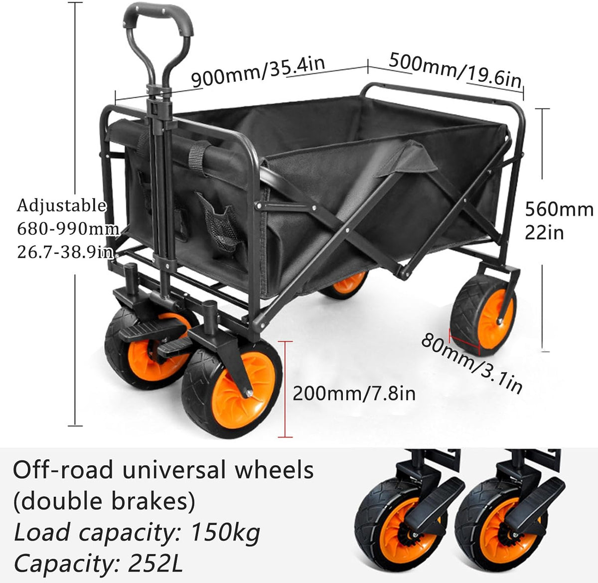 Bgarden Carts,Collapsible Wagon,Sports Outdoor Utility Wagon Folding Garden Wagon Sports Steel Frame Foldable Yard Car Universal Wheel with Brake Camping Cart with Side Pockets