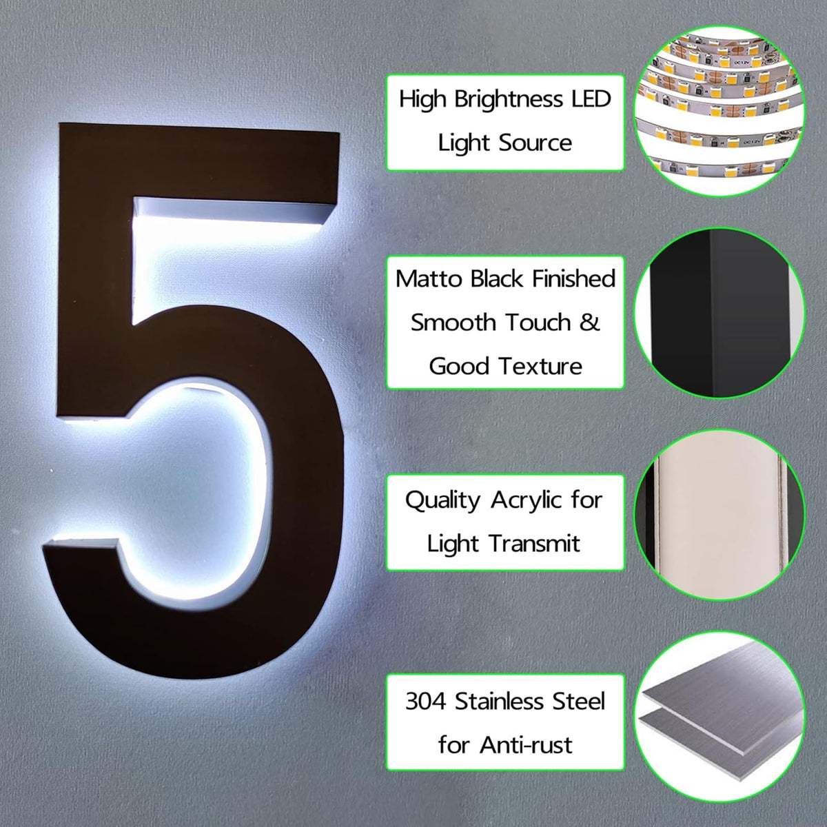 Modern Illuminated House Numbers For Outside, Backlit LED House Numbers Plaques For Outside, 18' Large Lighted LED Home Address Numbers Signs,G