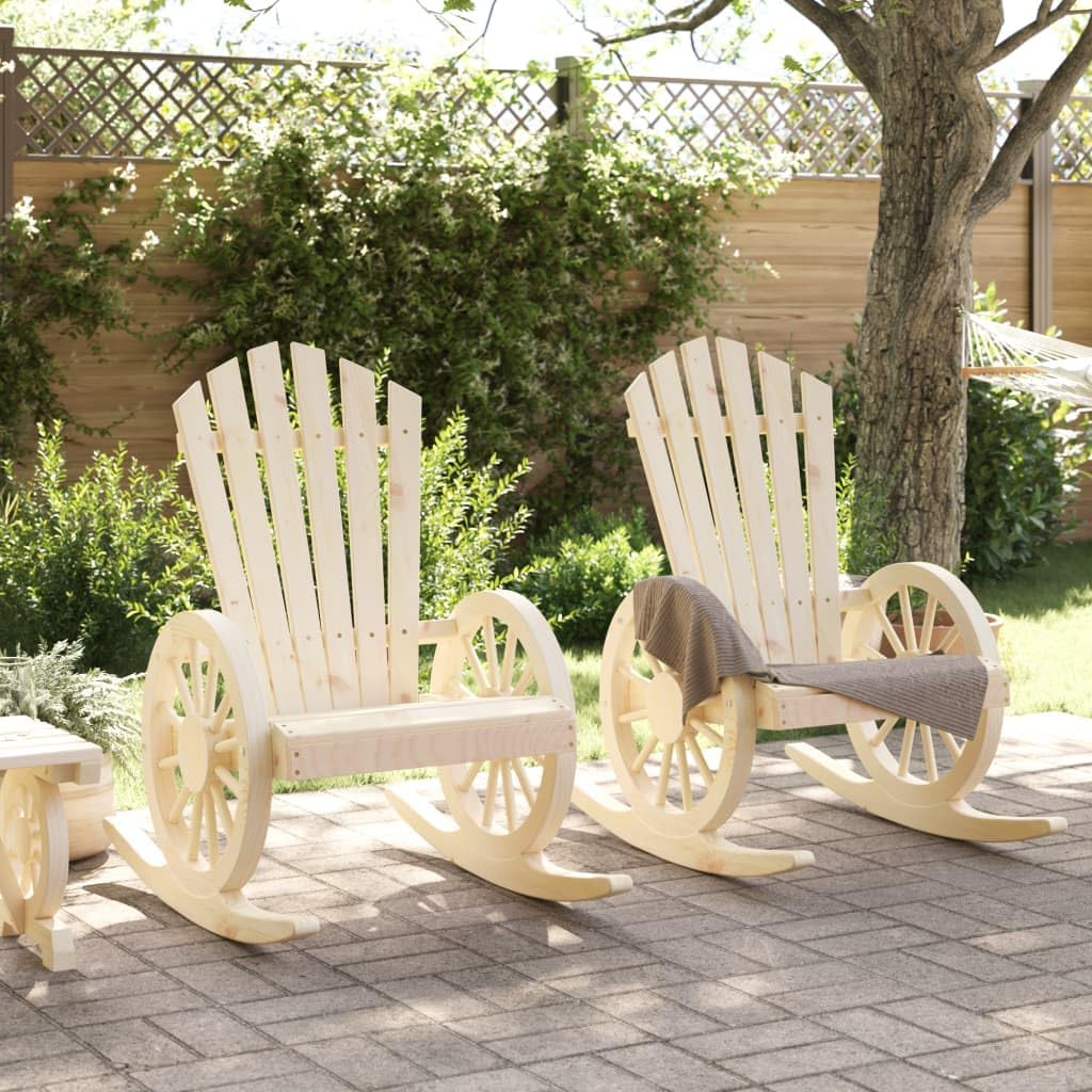 Rocking Adirondack Chairs 2-Piece Solid Wood Fir Outdoor Patio Furniture Set with Ergonomic Design and Wagon-Wheel Armrests for Gardens, Pool Sides, Deck