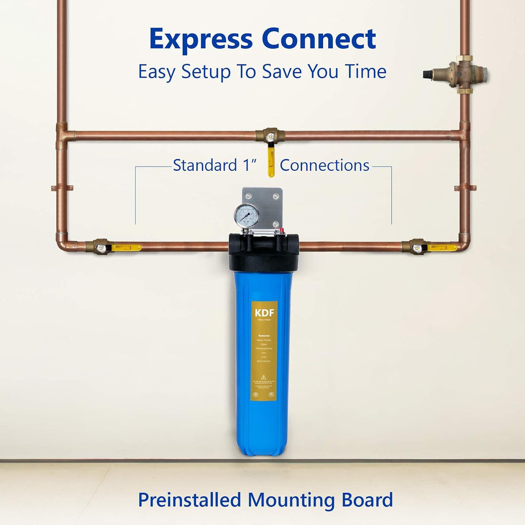 Express Water Whole House Water Filter, 1 Stage Home Water Filtration System, KDF Heavy Metal Filter, Includes Pressure Gauges, Easy Release, and 1 Inch Connections.