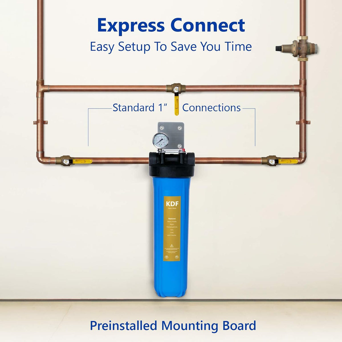Express Water Whole House Water Filter, 1 Stage Home Water Filtration System, KDF Heavy Metal Filter, Includes Pressure Gauges, Easy Release, and 1 Inch Connections.