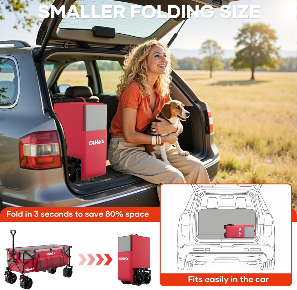 49' L Collapsible Extended Wagon with 500lbs Weight Capacity,300L Heavy Duty Sports Wagon,Big All-Terrian Wheels with Cup Holders,Cart for Sports,Grocery,Shopping,(Rosepink)