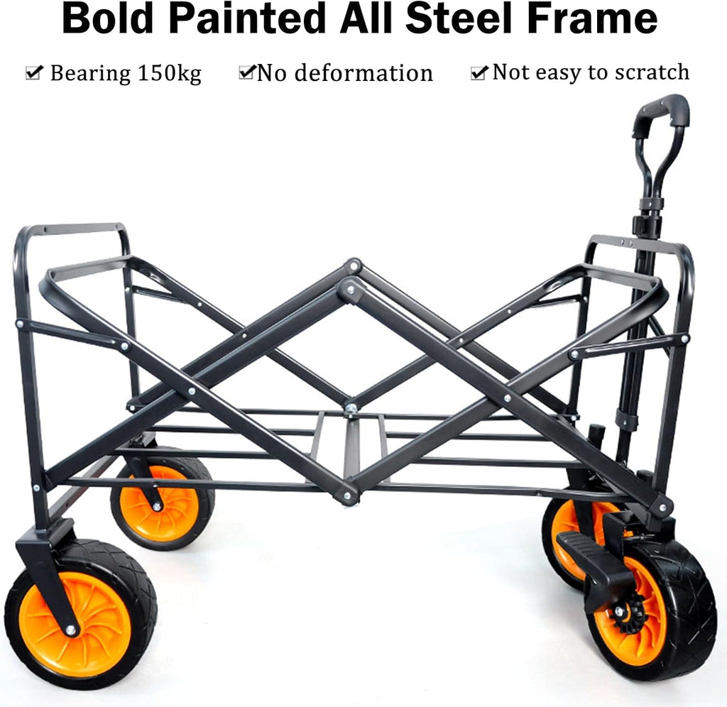 Collapsible Wagon Garden Cart,Folding Garden Carts,Beach Wagon Grocery Wagon All-Terrain Wagon Sports Beach Wagon Cart Rubber Wheel Universal Wheel Camping Cart with Folding Panels,(a) black