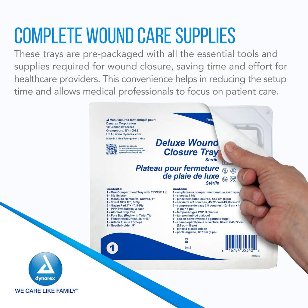 Dynarex Deluxe Wound Closure Trays - Sterile Wound Care Kit, Emergency Supplies with Scissor, Swabs, Gauze Pads, Towel, Prep Pad, Poly Bag - Case of 20 Trays