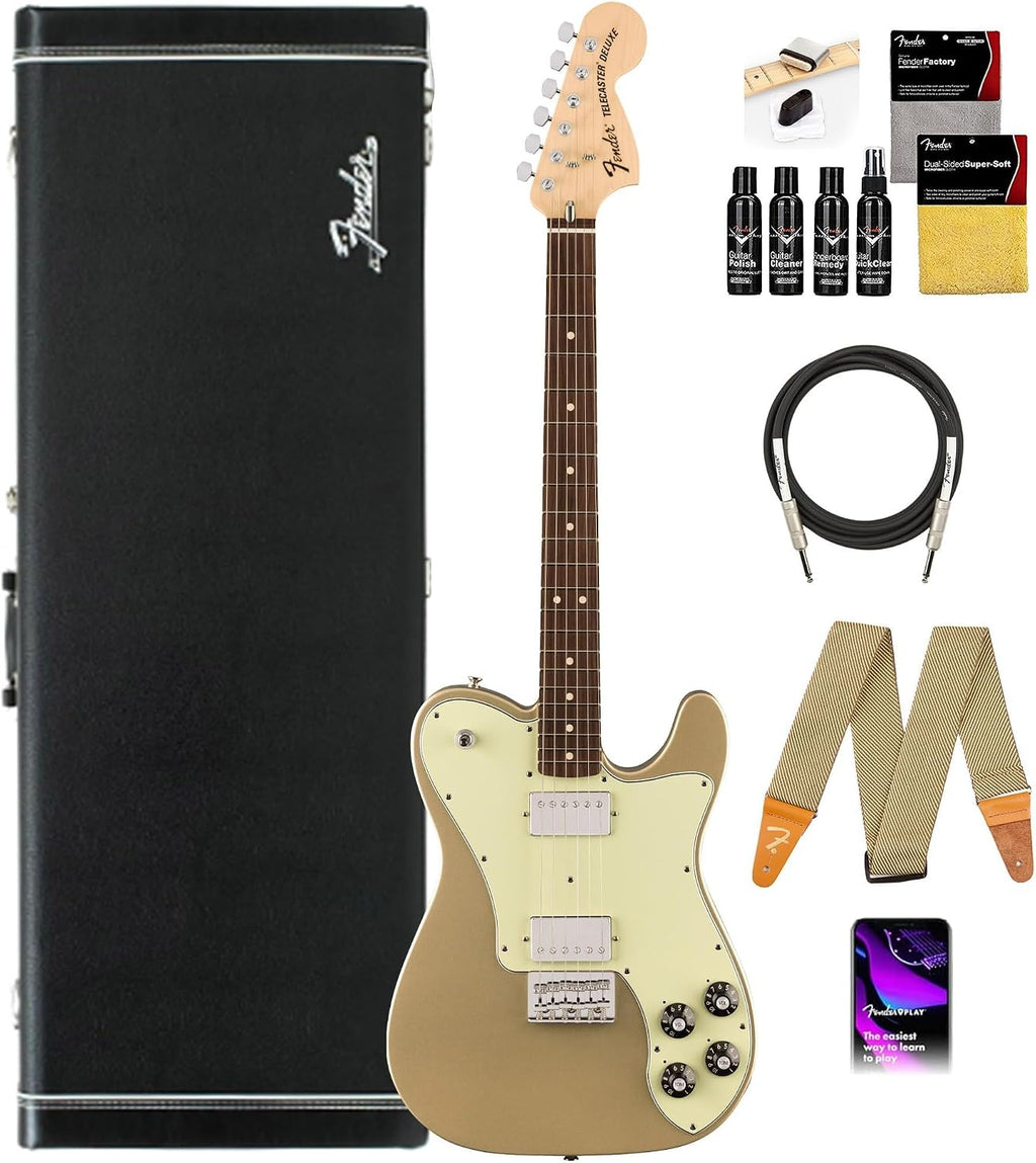 Fender Chris Shiflett Telecaster Deluxe - Shoreline Gold Bundle with Case, Cable, Strap, and Guitar Cleaning Kit